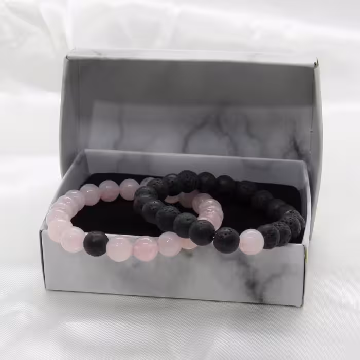 دستبند مدل رز کوارتز و لاوا کشی بسته 2 عددی