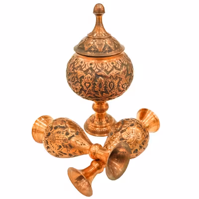 ست 3 تکه شکلات خوری و گلدان قلمزنی مدل سیاه قلم