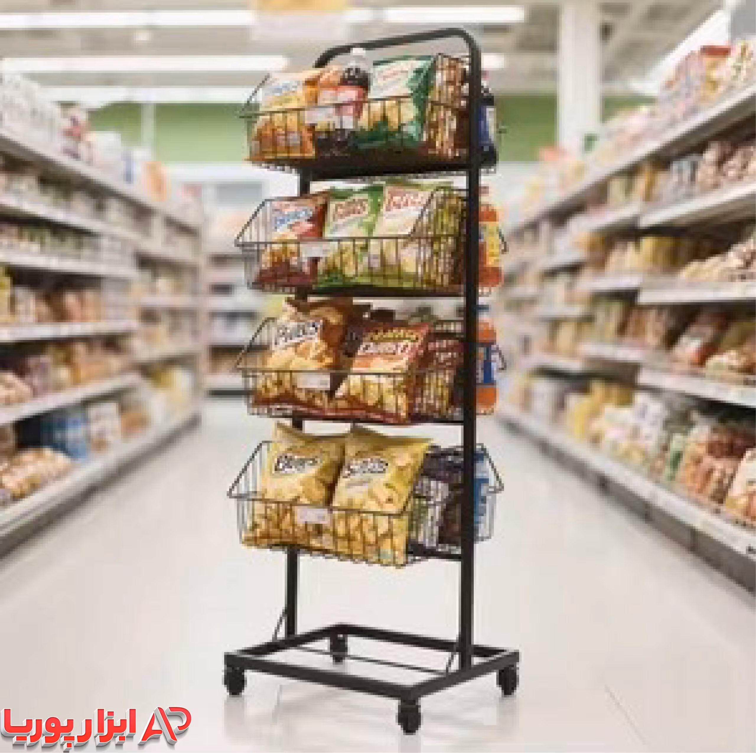 استند سبدی فروشگاهی 4 طبقه چیپس و پفک چرخدار لبه بلند