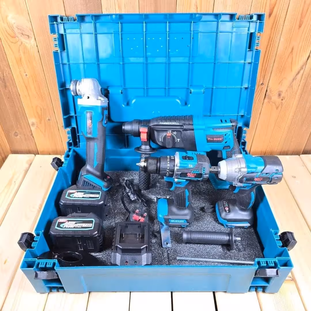 کیت 4 عددی دریل چکشی ، مینی فرز ، بتن کن و بکس شارژی باس مدل KIT-4H