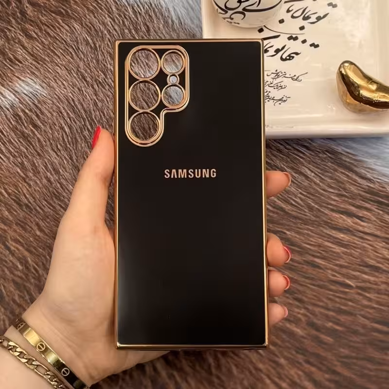 قاب گوشی Galaxy S22 Ultra سامسونگ ژله ای مای کیس طرح Gold Line دور طلایی محافظ لنز دار مشکی