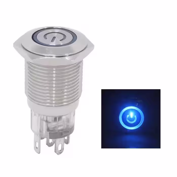 کلید شستی فلزی آبی LED قطر 12V/24V – 12mm طرح پاور