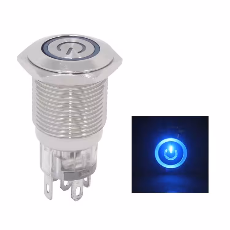 کلید شستی فلزی آبی LED قطر 12V/24V – 12mm طرح پاور