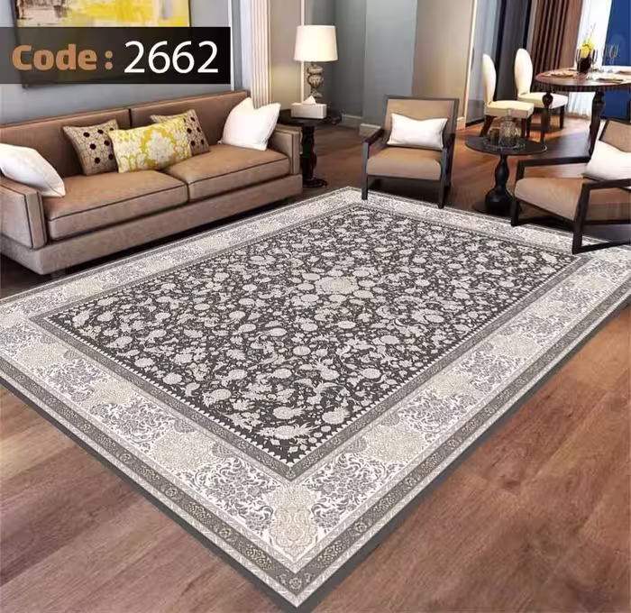 کاورفرش روفرشی دورکشدار گوشه لیفه ای طوسی کرم کد 2662