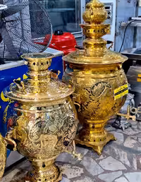 سماور گازی برنجی 25 لیتری سنتی تنوره دار طلایی