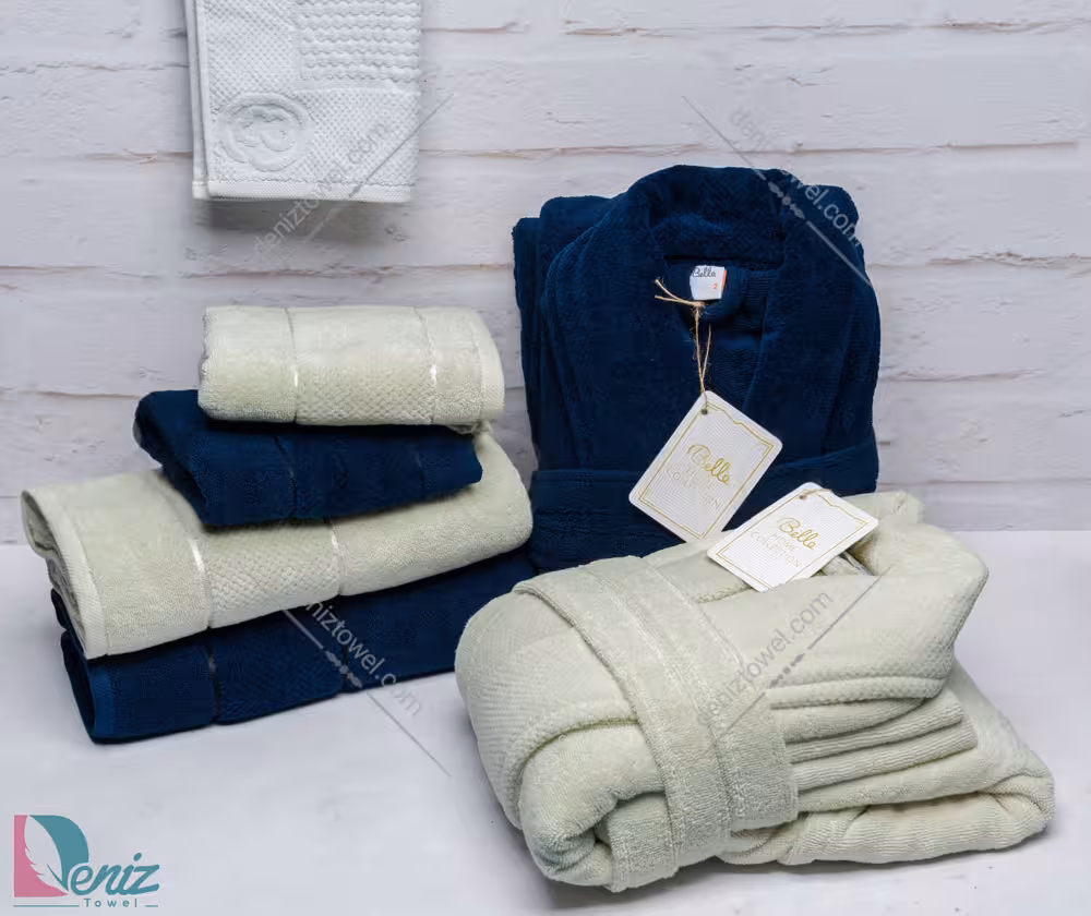 حوله ست دو نفره طرح ماکرو رنگ کاهویی و سرمه ای