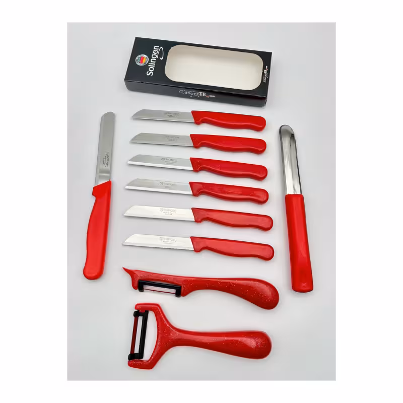 ست 10 عددی چاقوی میوه‌خوری، پوست‌کن و ابزار تزئین زولینگن | Solingen | مدل کلیور سیم‌دار | رنگ قرمز | تیغه استیل ضدزنگ | طراحی ارگونومیک | مناسب برای آشپزخانه و پذیرایی | ساخت آلمان