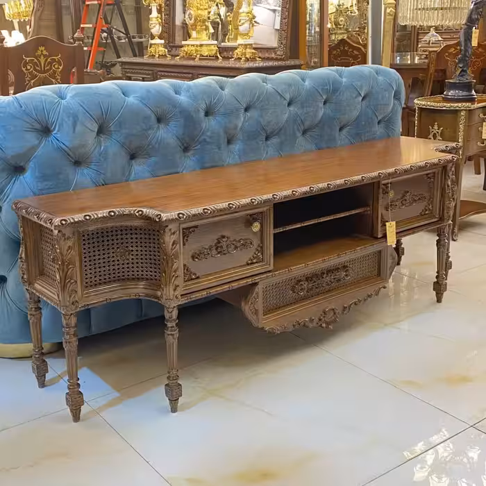 میز تلویزیون جدید قهوه ای منبت و حصیر