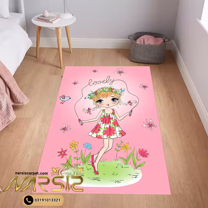 فرشینه کودک دخترانه طرح دختر طناب زن رنگ صورتی کد 6002