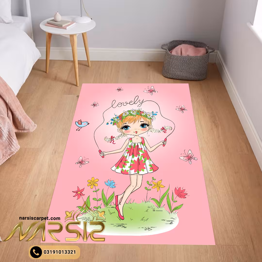 فرشینه کودک دخترانه طرح دختر طناب زن رنگ صورتی کد 6002
