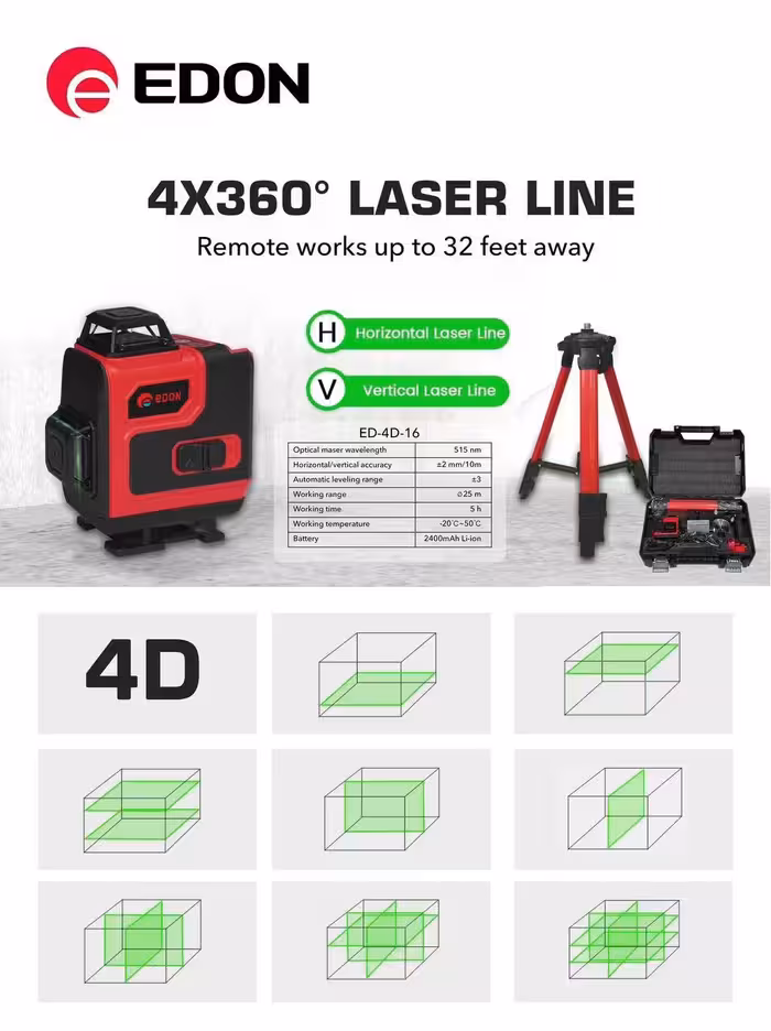 تراز لیزری 4 خط نور سبز ادون همراه با سه پایه مدل 4X360