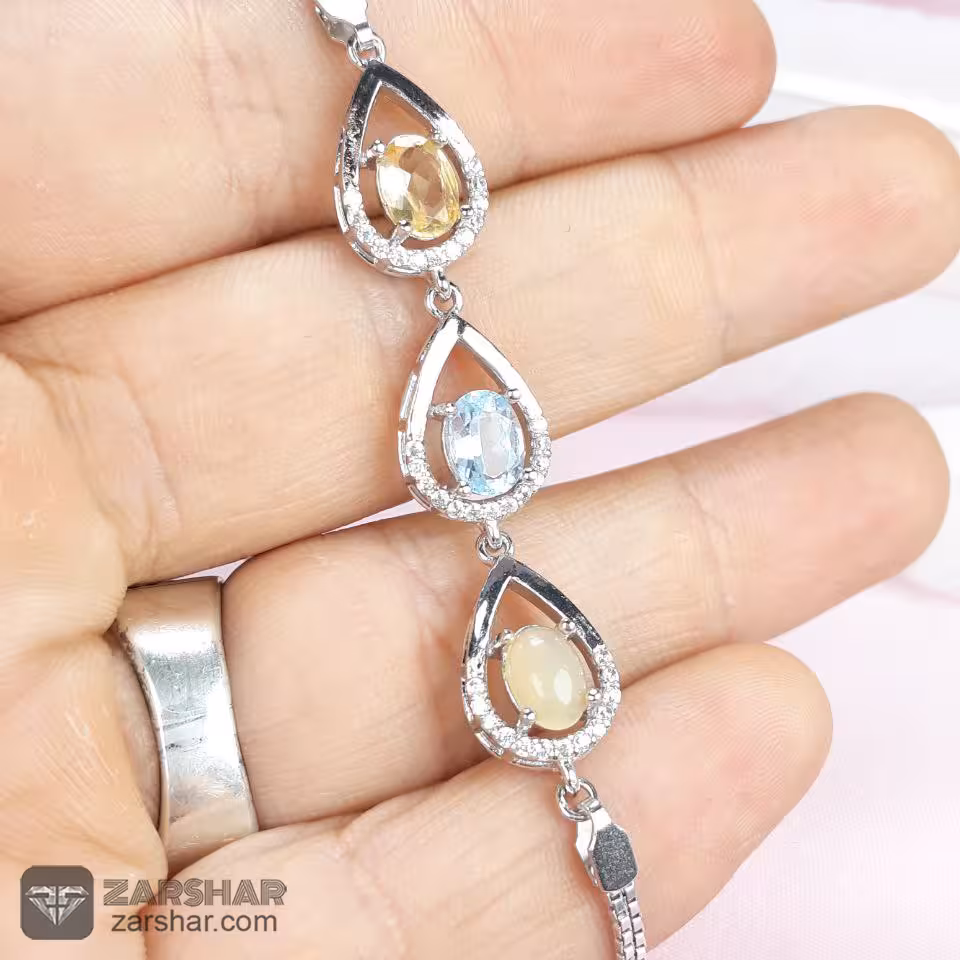 دستبند نقره سه نگین جواهری اپال و توپاز و کوارتز