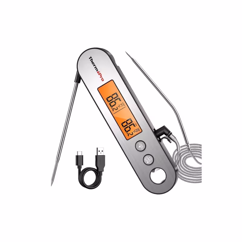 ترمومتر حرفه‌ای ThermoPro TP610 | ضد آب و قابل شستشو | دیجیتال و مجهز به نور پس‌زمینه | طراحی تاشو با دو پروب استیل ضد زنگ | نمایش سریع و دقیق دما | مناسب برای پخت انواع غذا و گوشت