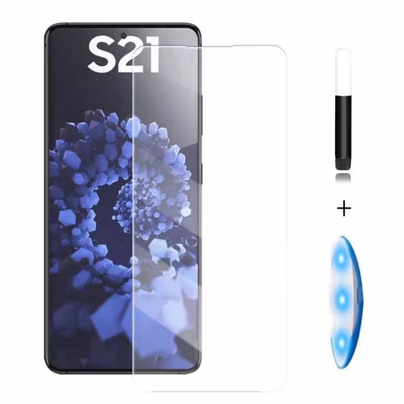 محافظ صفحه نمایش Galaxy S21 Ultra مدل UV Clear Glass همراه چسب مایع UV و لامپ اشعه UV