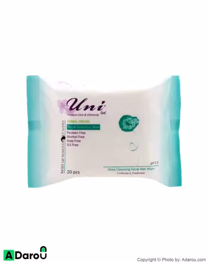 دستمال مرطوب پاک‌کننده آرایش پاکتی 20 برگی پوست خشک و حساس یونی‌لد Uni Led