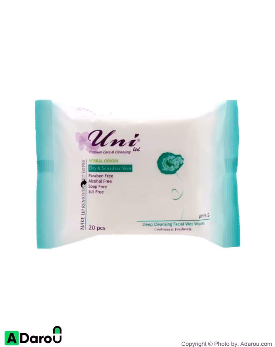 دستمال مرطوب پاک‌کننده آرایش پاکتی 20 برگی پوست خشک و حساس یونی‌لد Uni Led