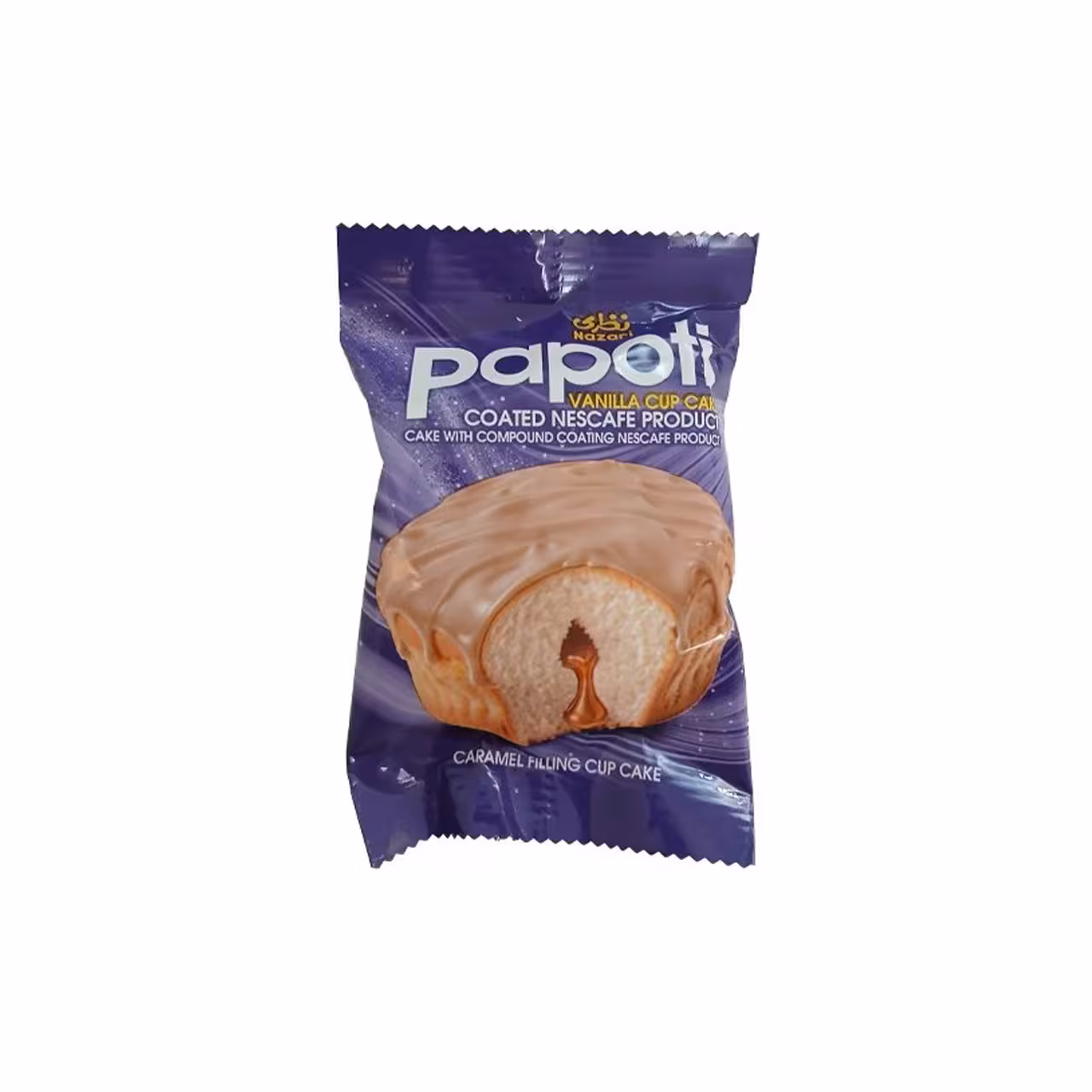 کیک روغنی با مغزی کرم کاراملی و روکش نسکافه ای Papoti نظری 42 گرمی