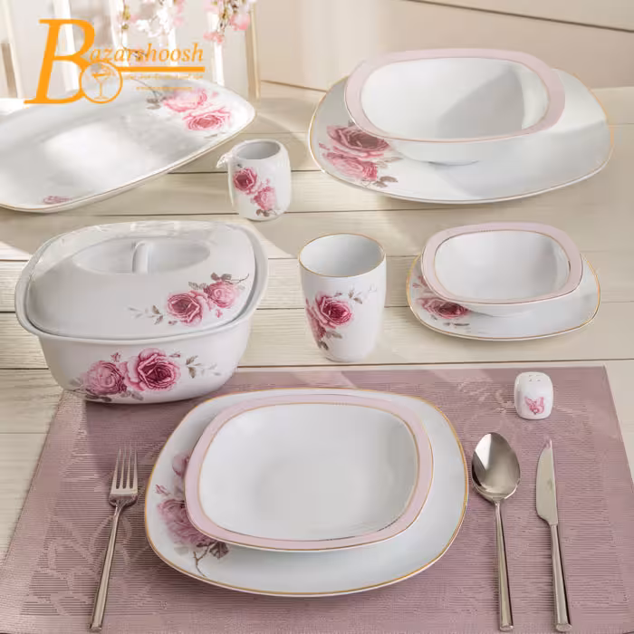 سرویس غذاخوری رزفلاور 12 نفره سری کواترو 98 پارچه چینی زرین درجه یک