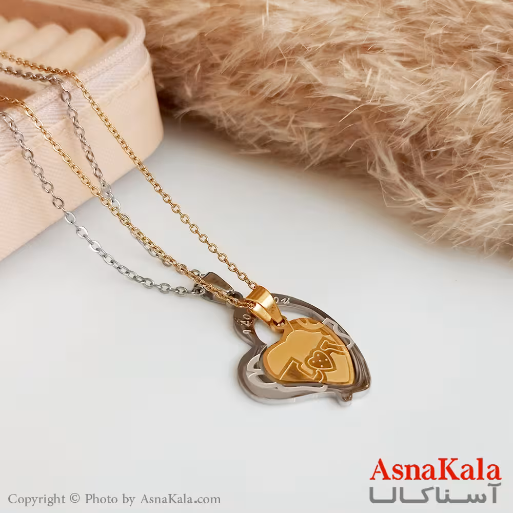 گردنبند دوتیکه ست دونفره دخترانه و پسرانه دوقلب داخل یکدیگر طلایی نقره ای کد GNB16621W