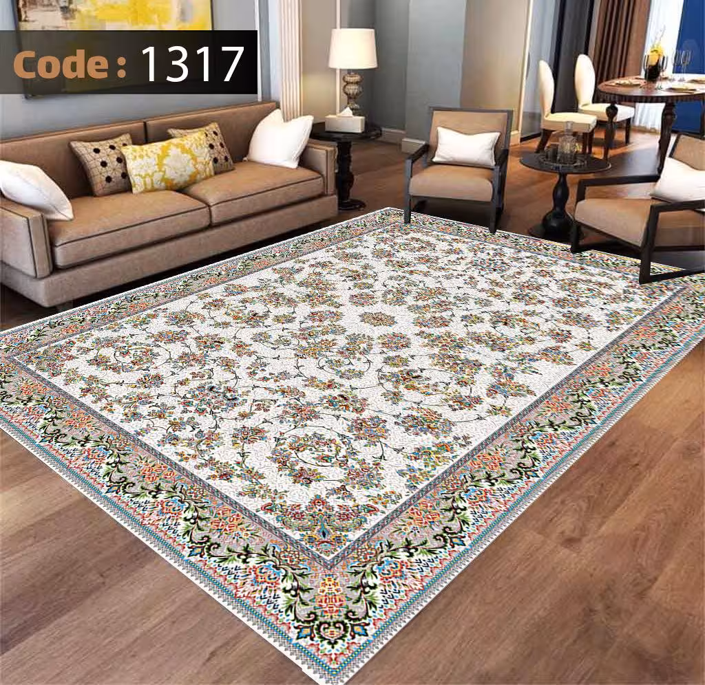 کاورفرش روفرشی دورکشدار گوشه لیفه ای کرم  قهوه ای کد 1317