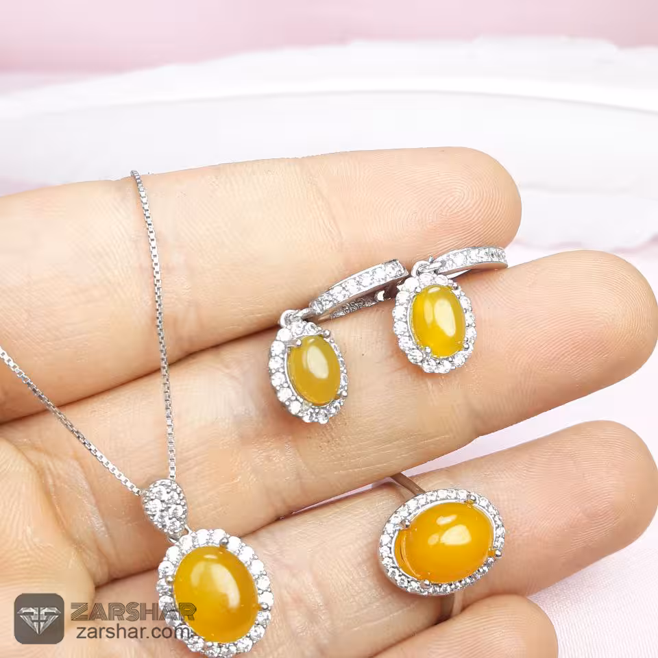 نیم ست نقره عقیق زرد شرف الشمس طرح درسا زنانه