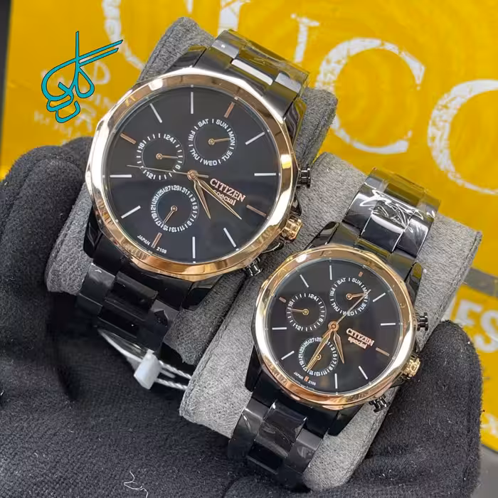 خرید ست ساعت زنانه و مردانه سیتیزن اسپشیال سه موتوره فعال کیفیت عالی ساخت ژاپن استیل رنگ ثابت کد 2116082 - ردگل