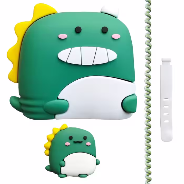 محافظ کابل طرح فانتزی دایناسور مدل Happy Dino به همراه محافظ شارژر دیواری مجموعه 4 عددی