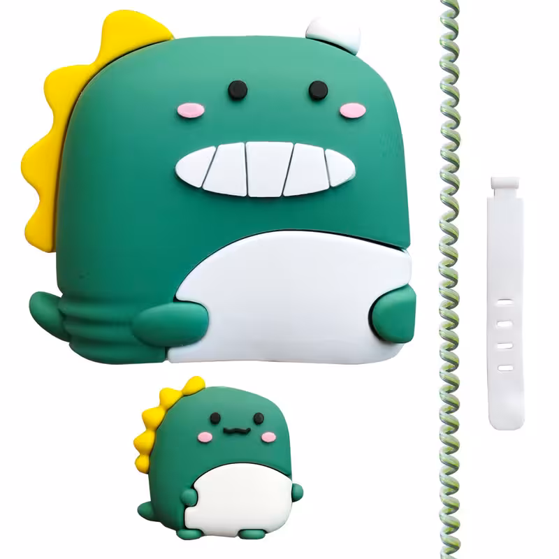 محافظ کابل طرح فانتزی دایناسور مدل Happy Dino به همراه محافظ شارژر دیواری مجموعه 4 عددی