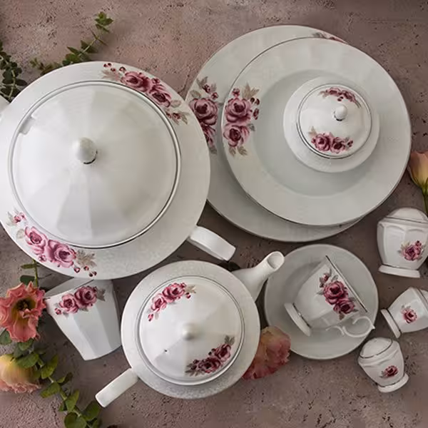 سرویس چینی زرین 12 نفره طرح رزگاردن قالب نئوکلاسیک 103 پارچه
