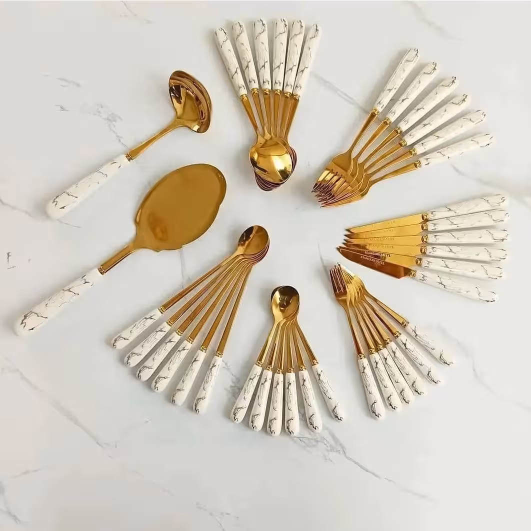  قاشق و چنگال سرویس 32 پارچه دسته سرامیکی (رنگبندی دسته سفید و مشکی و صورتی) 