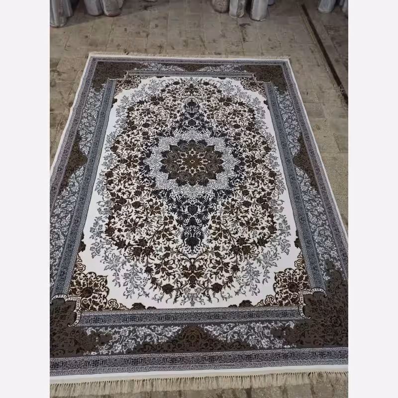 فرش ماشینی 12متری جدید کاشان نقشه تندیس سفید(ارسال رایگان)