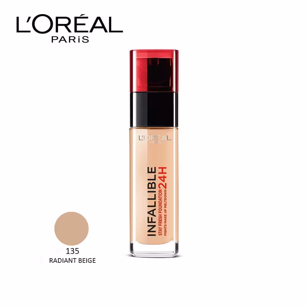 کرم پودر 24 ساعته شیشه ای اینفالیبل اورال شماره 135 LOREAL