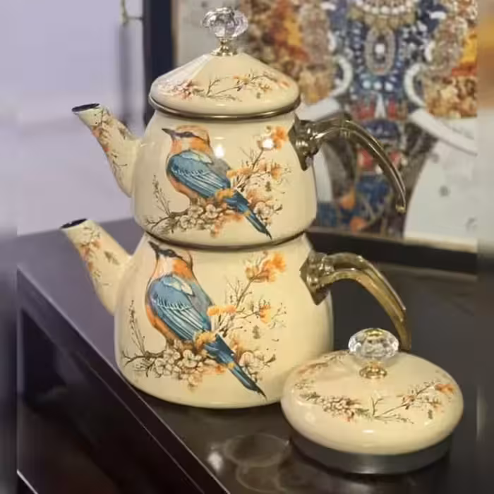 ست کتری و قوری لعابی برند شاهین محصول ترکیه پرنده زیبا