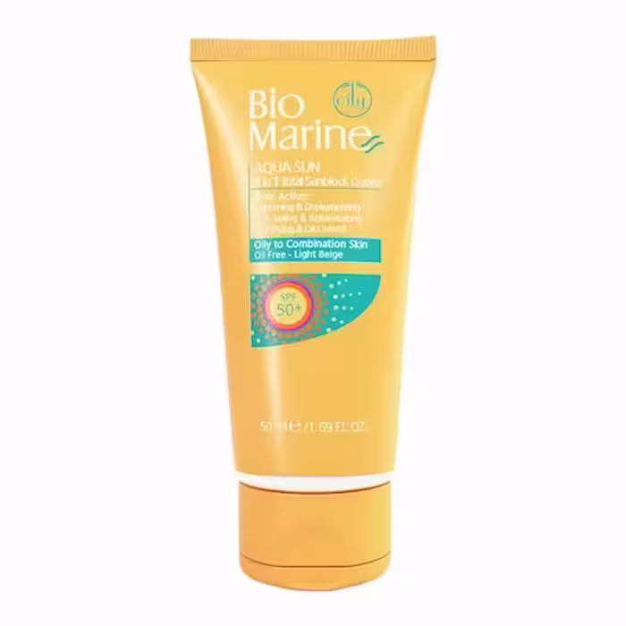 کرم ضدآفتاب روشن کننده و ضدچروک با 50spf مناسب برای پوست های چرب و مختلط حجم 50 میل AQUA SUN 3 in 1 Oily to Combination Skin spf 50 BIOMARINE