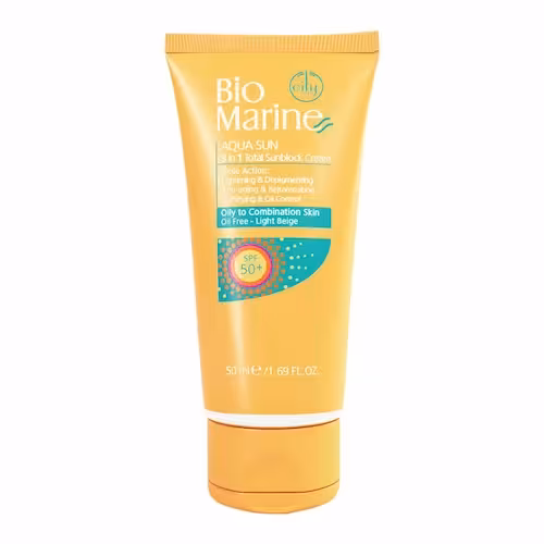 کرم ضدآفتاب روشن کننده و ضدچروک با 50spf مناسب برای پوست های چرب و مختلط حجم 50 میل AQUA SUN 3 in 1 Oily to Combination Skin spf 50 BIOMARINE