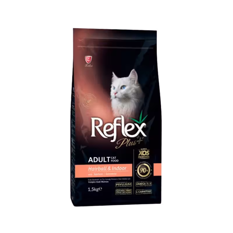 غذای خشک گربه بالغ hairball & indoor طعم سالمون برند Reflex رفلکس پلاس 15 کیلویی