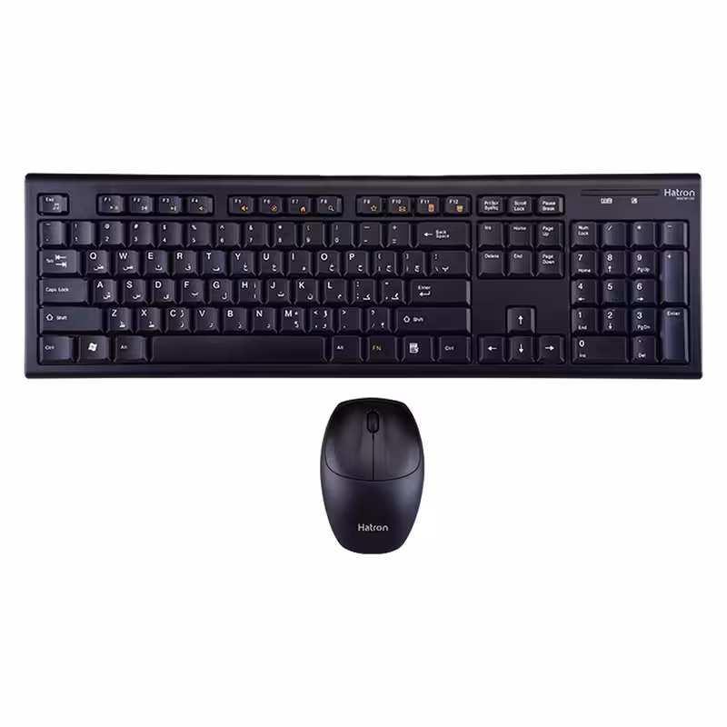 کیبورد و ماوس بی‌سیم هترون مدل HKCW130 با سوییچ ممبران، Full Size، حروف حک شده فارسی، اتصال Plug &amp; Play، پایه‌های قابل تنظیم و ضد لغزش، مقاوم در برابر رطوبت