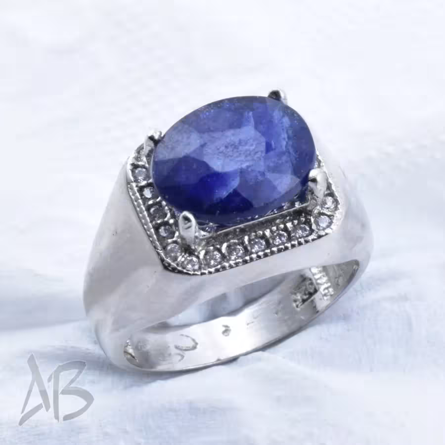 انگشترمردانه نقره نگین یاقوت کبود درشت و خوشرنگ کد M221