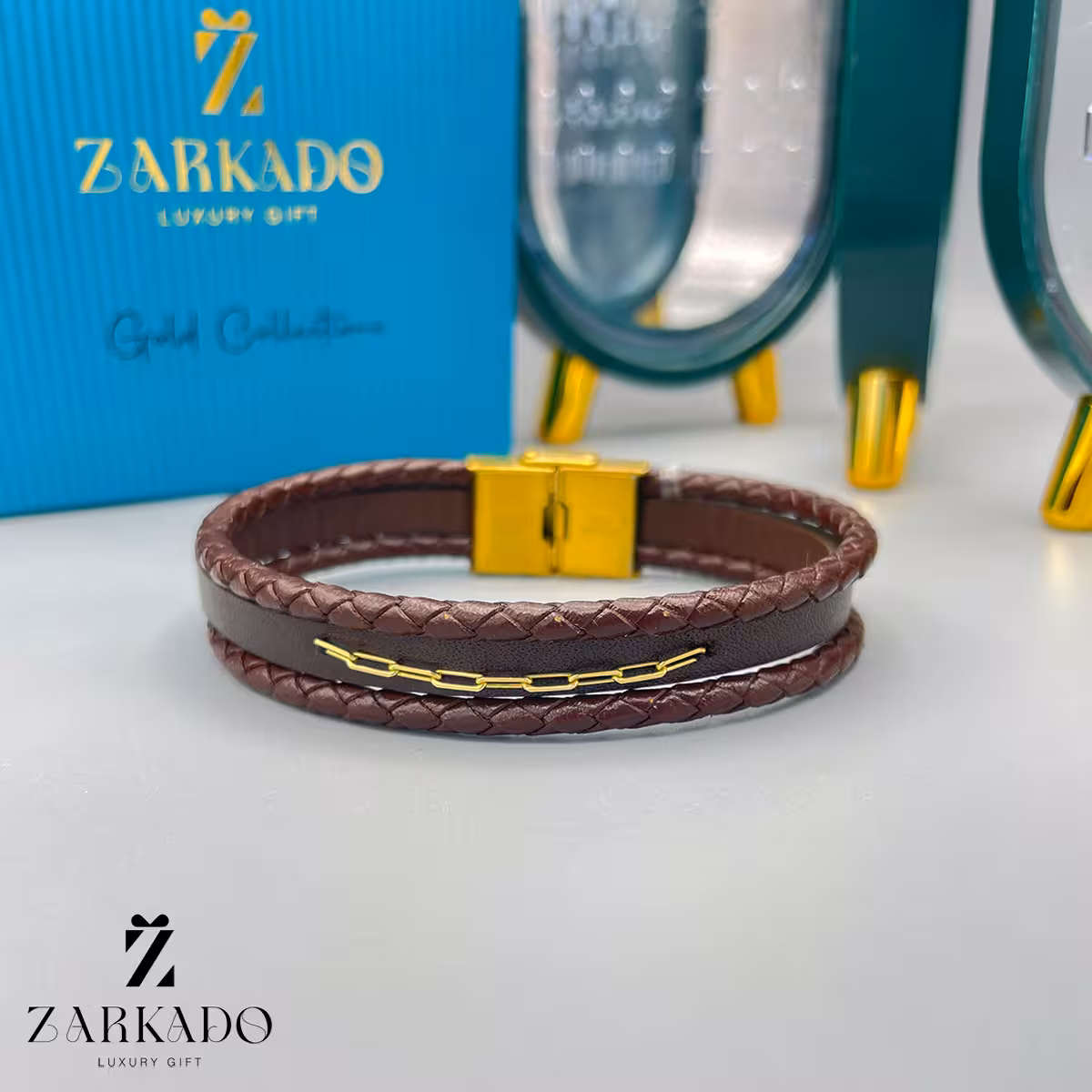 دستبند چرمی قهوه ای با پلاک قلمدون کد B631