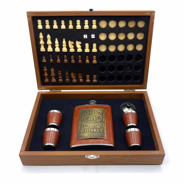 ست قمقمه جیبی وجعبه شطرنجی چرم مدل جک دنیلز 270cc کد s560517