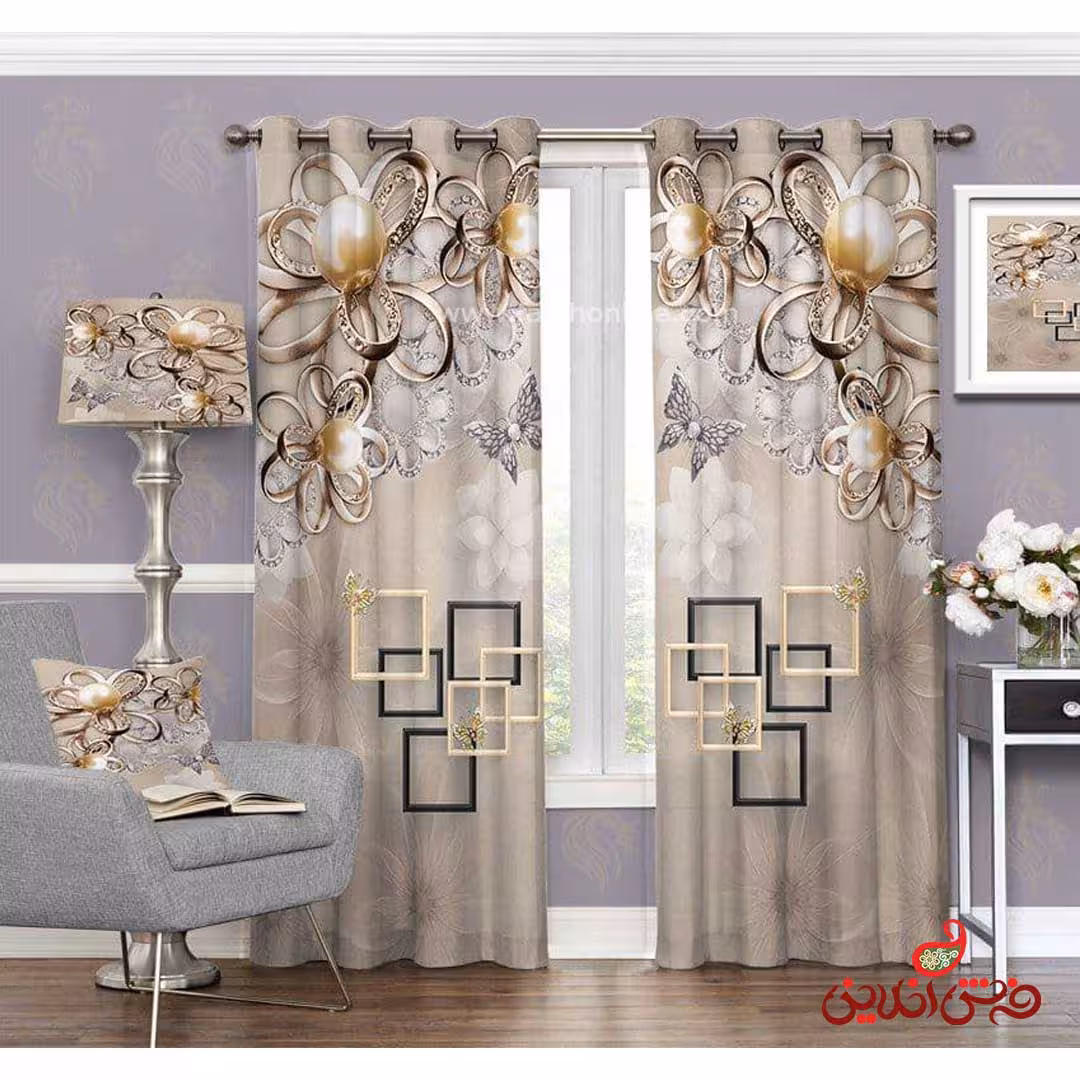 پرده طرح گل و مروارید کد 3445