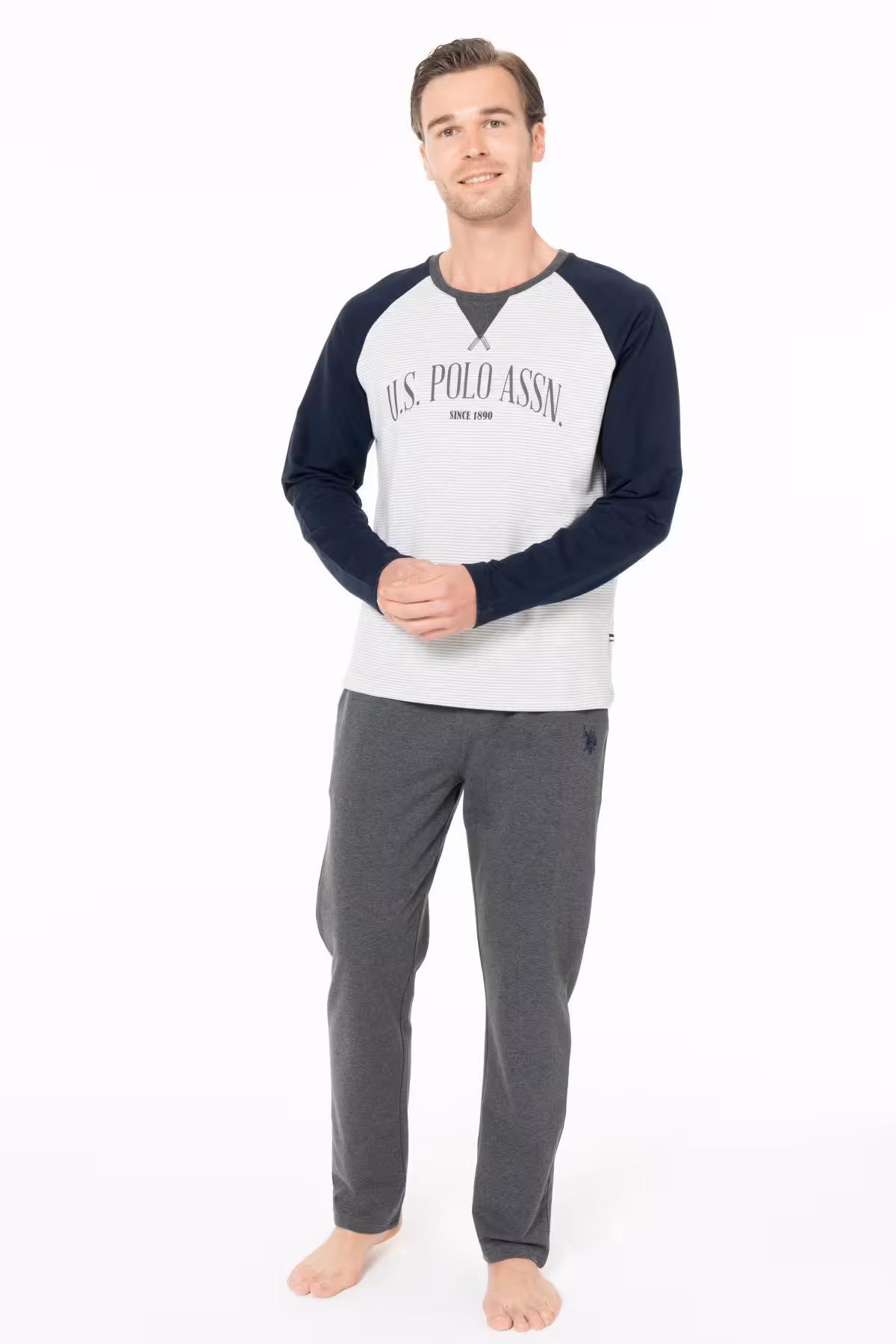 ست پیژامه مردانه U.S POLO ASSN. یقه آستین بلند سه دکمه لباس خواب و رنگ آبی U.S. Polo Assn.