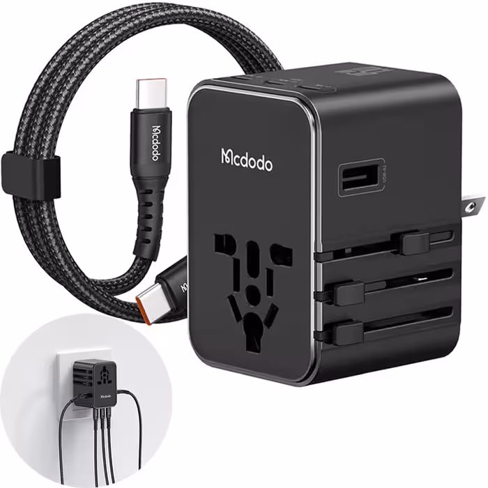 شارژر دیواری USB، تایپ‌سی 45 وات و تبدیل پریز 2500 وات مک‌دودو CP-3270 با کابل تایپ‌سی به تایپ‌سی