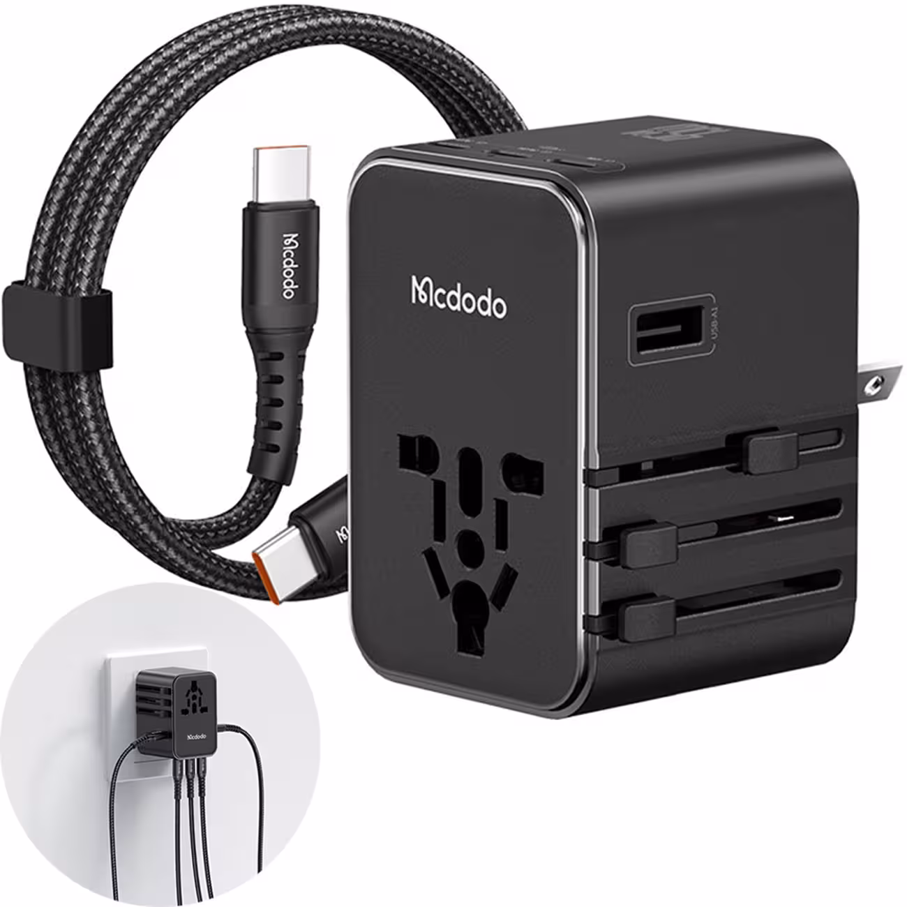 شارژر دیواری USB، تایپ‌سی 45 وات و تبدیل پریز 2500 وات مک‌دودو CP-3270 با کابل تایپ‌سی به تایپ‌سی