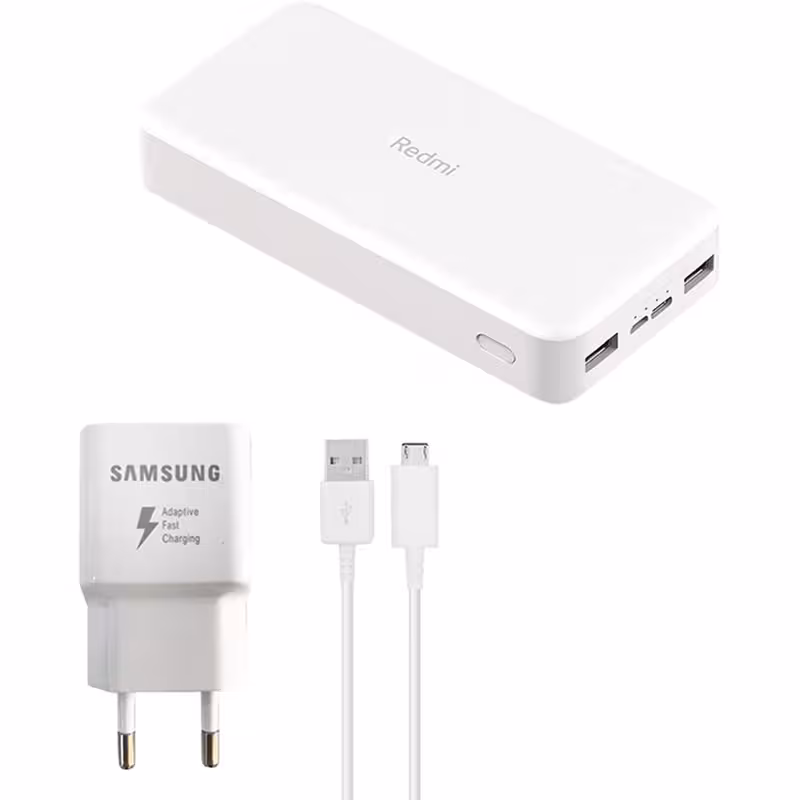 پاوربانک شیائومی مدل Redmi PB200LZM ظرفیت 20000 میلی آمپرساعت به همراه شارژر دیواری سامسونگ و کابل تبدیل | کالا مکس