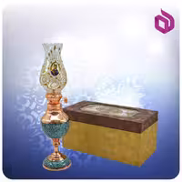 چراغ نفتی فرانسوی مس و فیروزه کوب شمائی با جعبه ام دی اف گالینگور