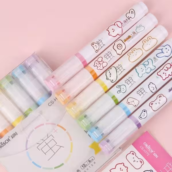 پک ماژیک هایلایتر 6 عددی مدل دو سر پاستلی و براق به همراه یک برگ استیکر