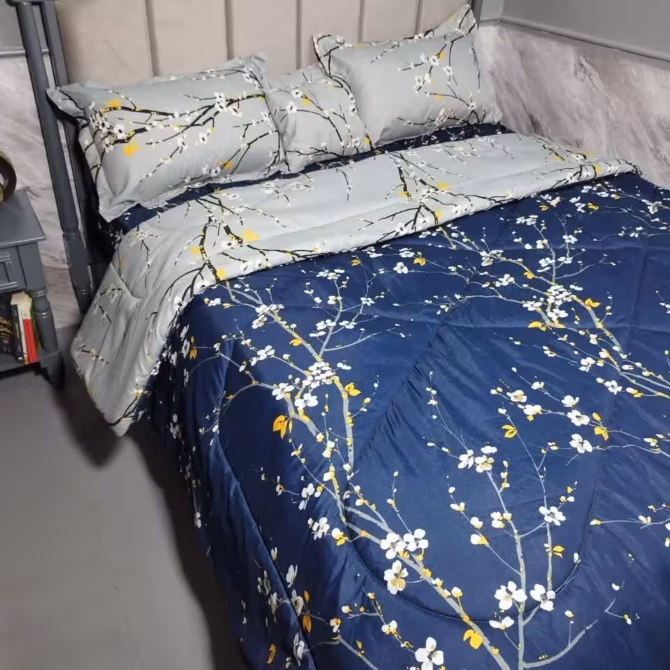 روتختی تک نفره  تشک عرض 90 طرح شکوفه سرمه ای طوسی دورو 4تیکه