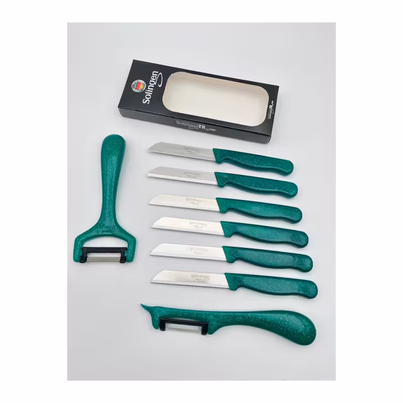 ست 6 عددی چاقوی میوه‌خوری و 2 عدد پوست‌کن زولینگن | Solingen | مدل کلیور سیم‌دار | رنگ سبز | تیغه استیل ضدزنگ | طراحی ارگونومیک | مناسب برای آشپزخانه | ساخت آلمان
