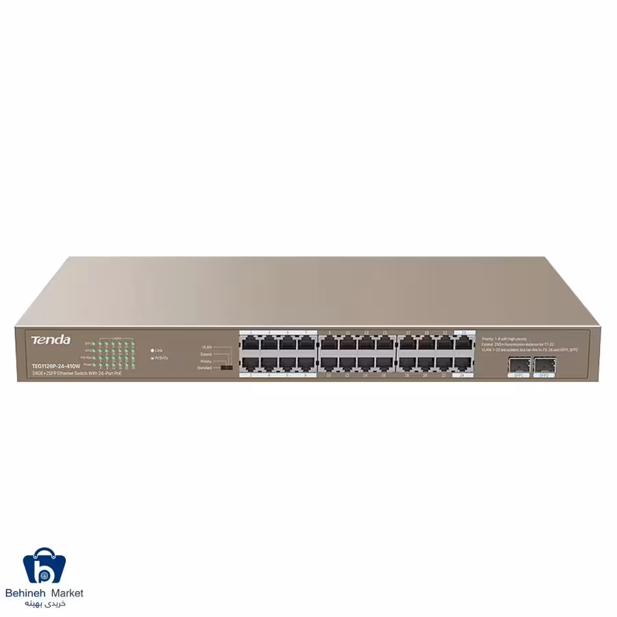 سوییچ 24 پورت POE تندا مدل TEG1126P-24-410W با دو پورت SFP